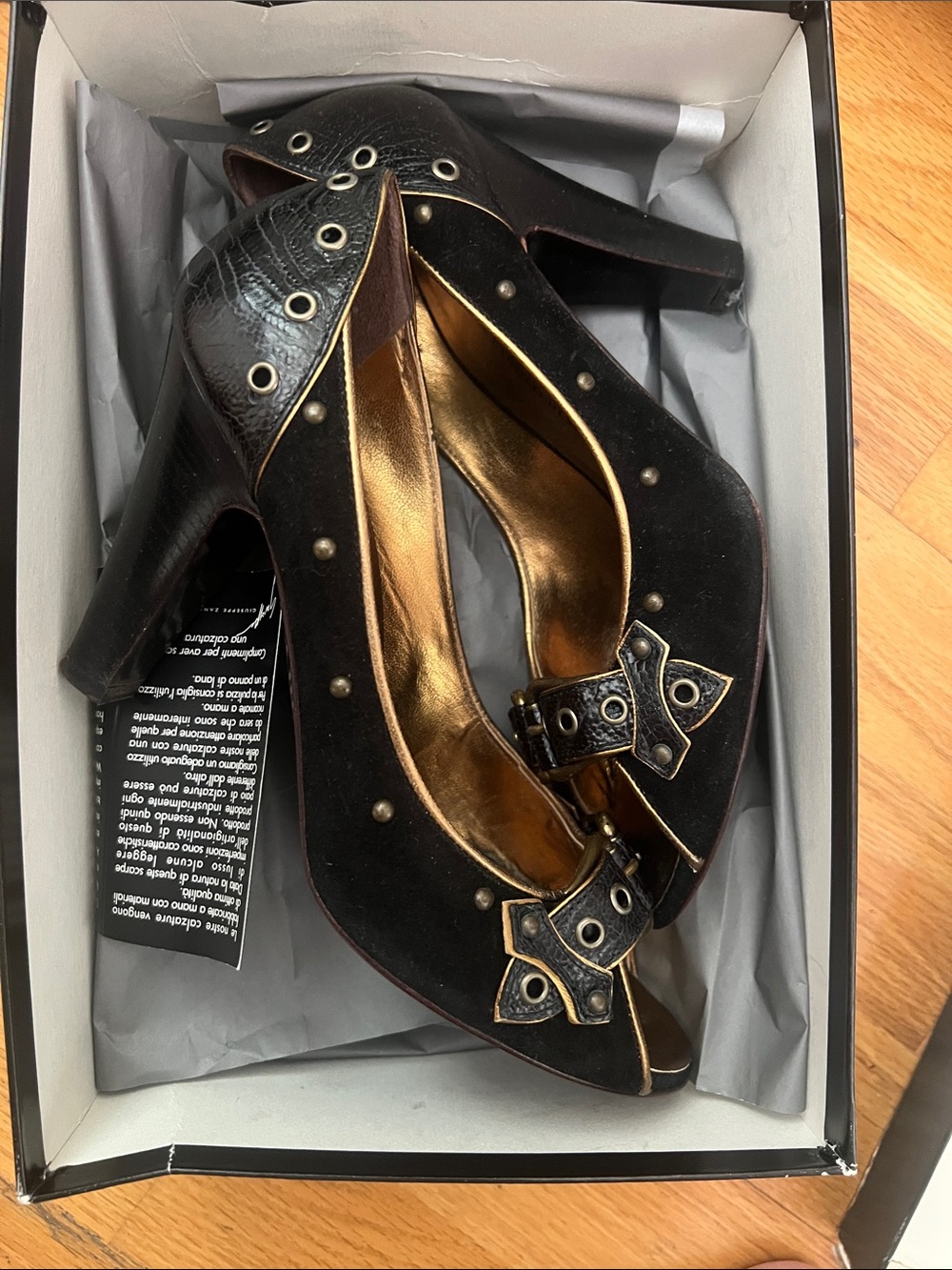 Giuseppe Zanotti Black and Gold Buckle High Heel Pump